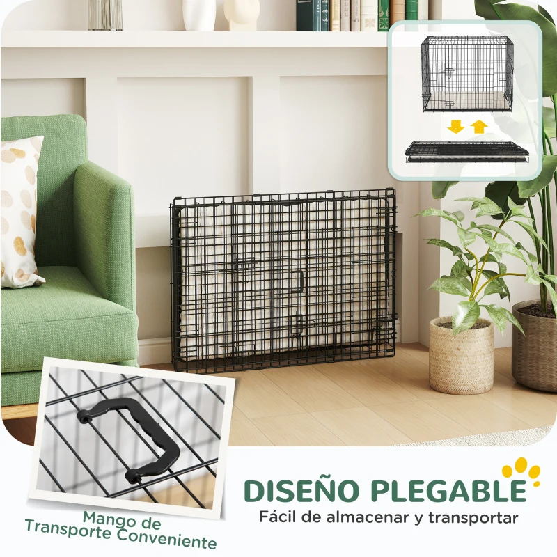 PawHut Jaula para Perros Plegable con Cojín Puertas Bandeja Extraíble y Marco de Alambre Metálico 75x48,5x53 cm Negro y Beige