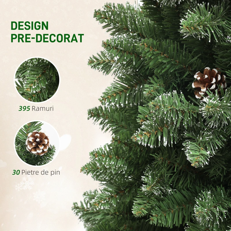 HOMCOM Brad de Crăciun Înzăpezit Înalt cu 395 Crengi, Brad Artificial de Crăciun cu Conuri și Bază, Ø54 x 150 cm, Verde