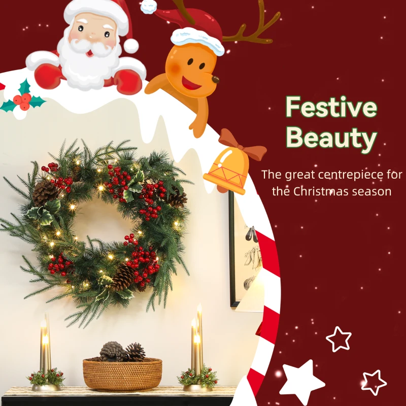 HOMCOM Ghirlandă de Crăciun de 60 cm cu Lumini Albe, Conuri de Pin, Boabe și Lederă