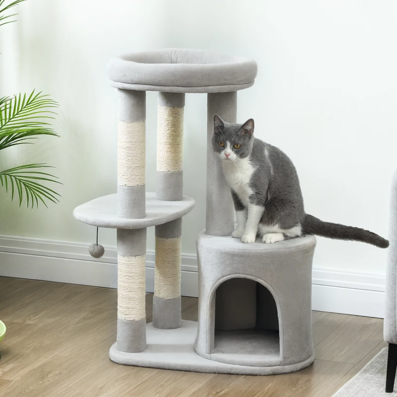 PawHut Arbre à chat tour de jeux pour chats griffoirs, plate-forme, niche, balle, tissu peluche, 60 x 45 x 90 cm, gris clair