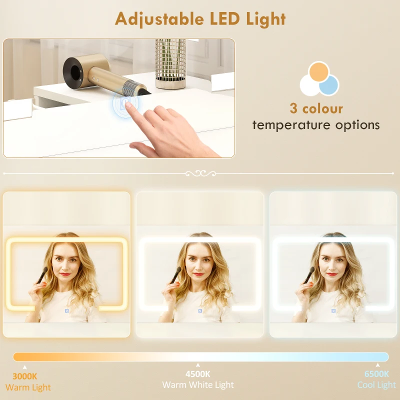 HOMCOM Stație de Machiaj în Formă de L sau Alăturată cu Lumini LED Reglabile, 3 Culori, Toaletă de Machiaj cu Prize Electrice, Sertare Soft Close, Oglindă, Rafturi, pentru Dormitor, Alb