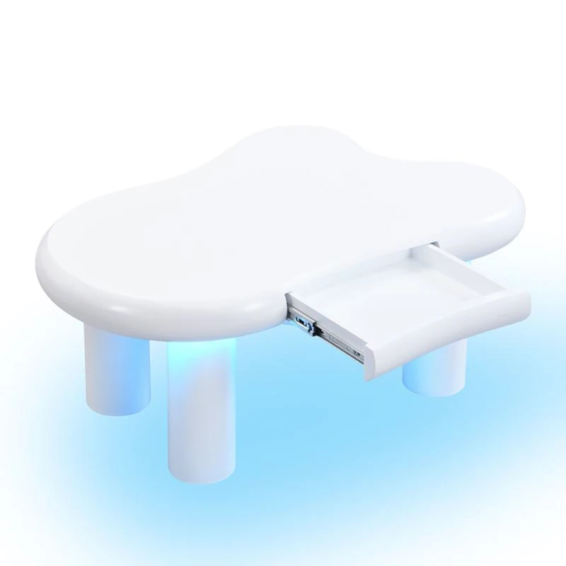 Tavolino da salotto a forma di nuvola, in MDF con illuminazione LED e cassetto, 98x65,5x40 cm, Bianco