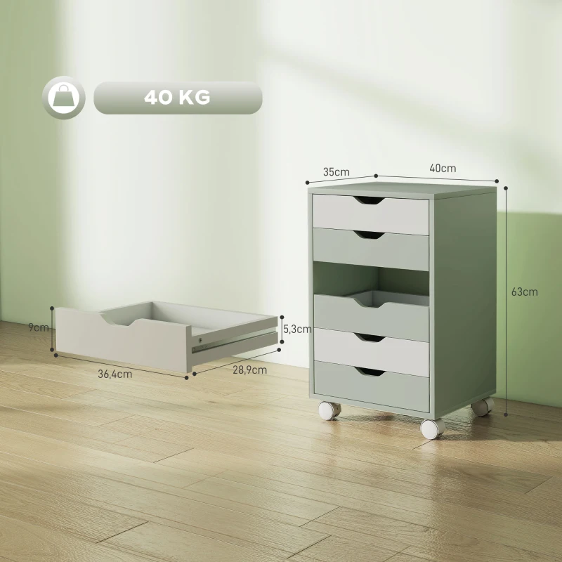 HOMCOM Bloco de Gavetas Móvel Arquivador com 6 Gavetas Suporte para Impressora com Rodas 40x35x63 cm Verde e Branco