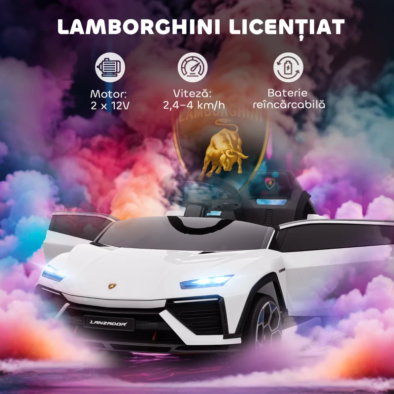 AIYAPLAY Mașină Electrică pentru Copii Licență Lamborghini cu Claxon și Telecomandă, 101.5x49x43 cm, Albă