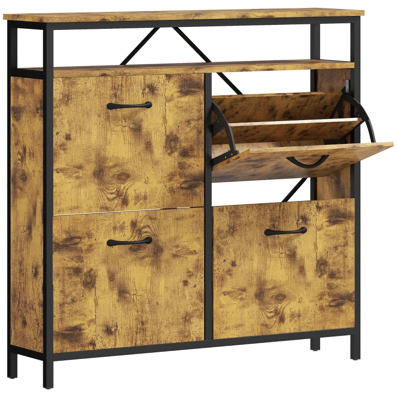 HOMCOM Shoe Storage Cabinet with 4 Flip Drawers and Open Shelf - Rustic Brown