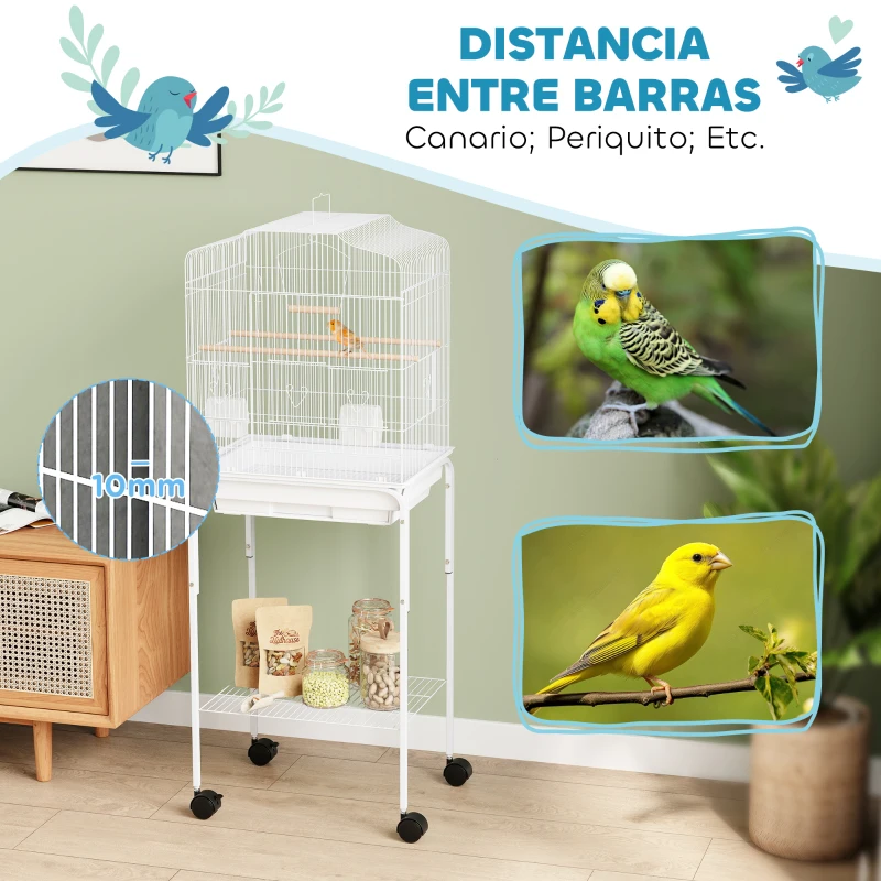 PawHut Jaula para Pájaros con Ruedas Estante Puertas 2 Comederos 2 Perchas Columpio Bandeja Extraíble 46,5x36x124 cm Blanco