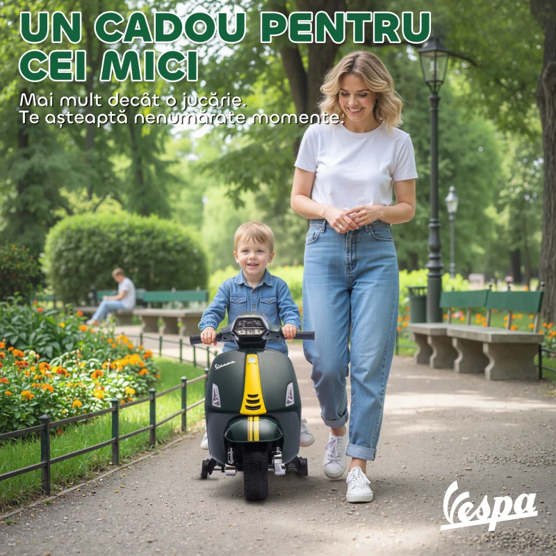 AIYAPLAY Motocicletă Electrică pentru Copii cu Licență Vespa, Baterie Reîncărcabilă 6V, Roți Laterale și Lumini, Vârsta 2-6 Ani, Verde Închis