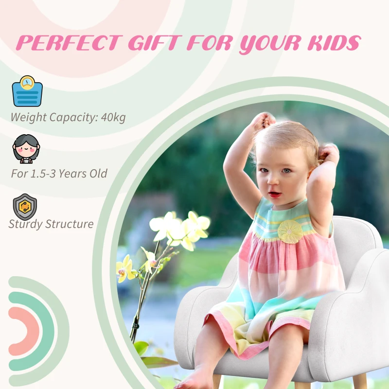 ZONEKIZ Fotoliu pentru copii cu brațe în formă de nor, cu picioare înclinate și material textil, 46 x 51 x 55 cm, alb