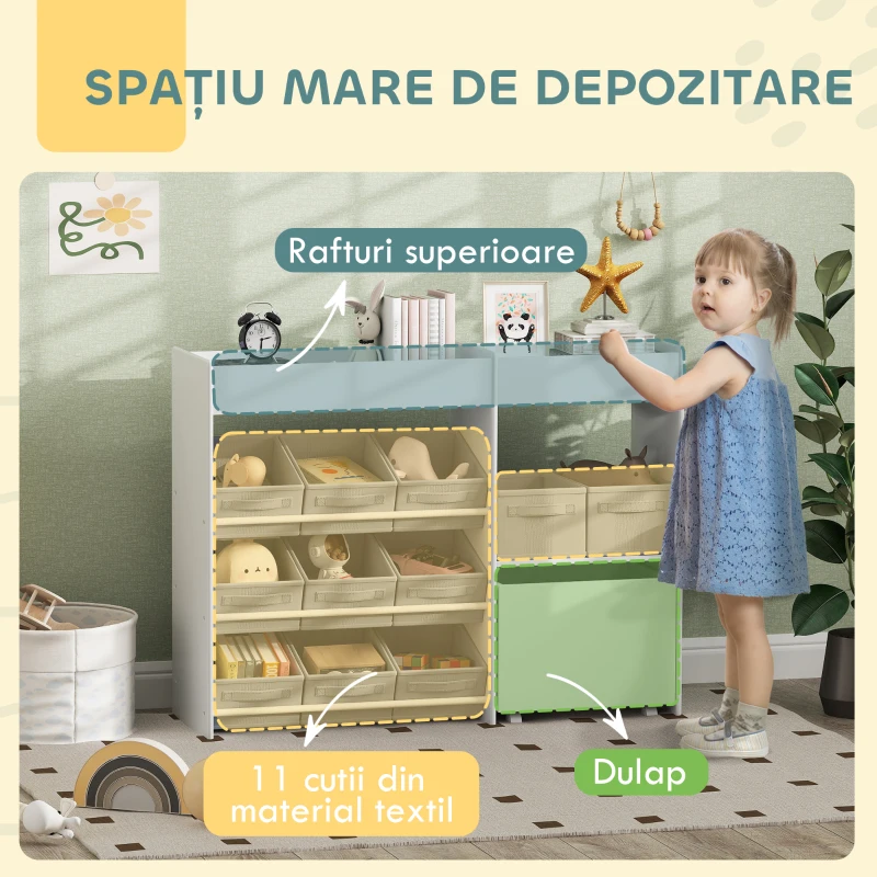 Mobilier AIYAPLAY pentru Jucării pentru Copii cu 11 Coșuri din Țesătură, Dulap și Rafturi, 105x30x80 cm, Alb