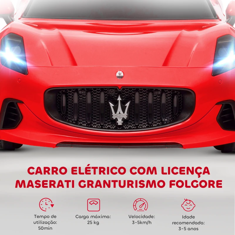 AIYAPLAY Carro Elétrico para Crianças Maserati Gran Turismo Folgore 12V Controlo Remoto Faróis Buzina e Música MP3 98x59x43 cm Vermelho