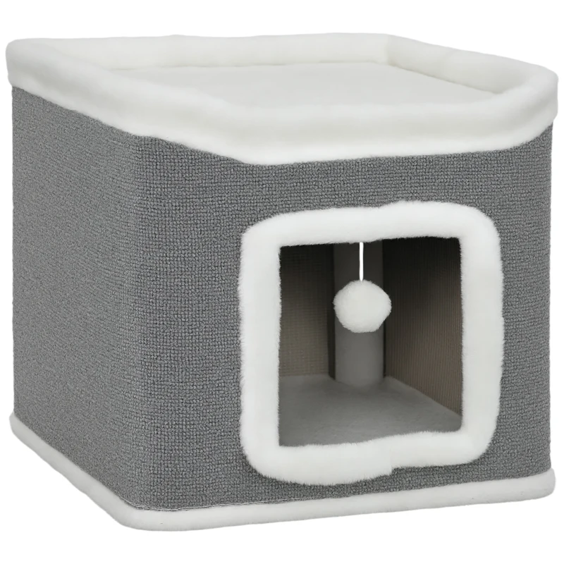 PawHut Cat House for Indoor Kittens, 2-Level Cat Cave Bed with Fluffy Balls, Top Bed, Kitten Barrel for Multi Kitties, Grey