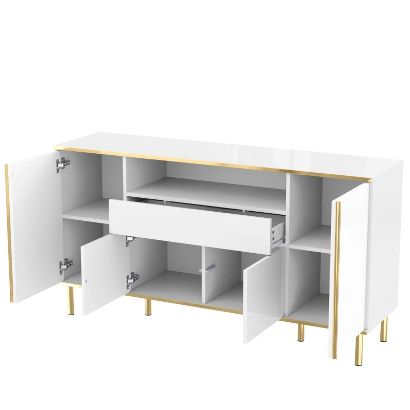 Credenza con illuminazione a LED, 4 ante, 1 cassetto, 150x40x80 cm, Bianco