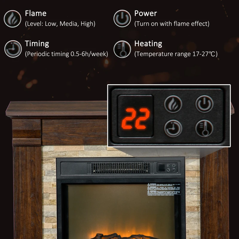 HOMCOM Semineu Electric de Podea cu Timer, Temperatura Reglabila, din Metal, ABS si PAL, 80x21.6x67.8 cm, Maro