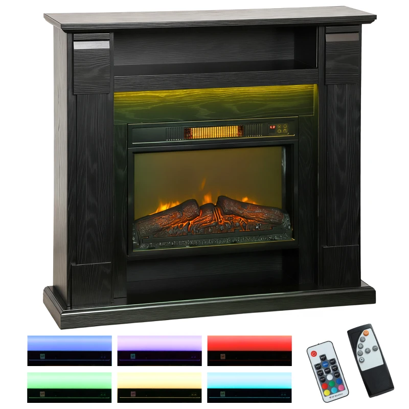 HOMCOM Camino Elettrico 1800W Regolabile con Fiamma 3D, Ripiano, Timer e Telecomando, 105x27x97 cm, Nero