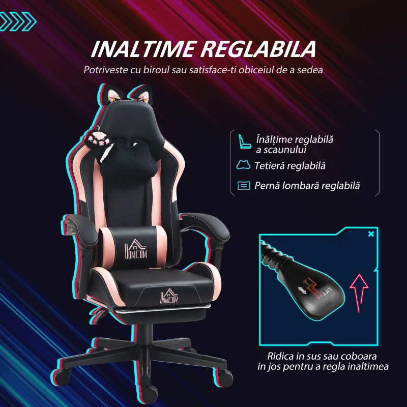HOMCOM Scaun Gaming Ergonomic cu Urechi de Pisica, Roz