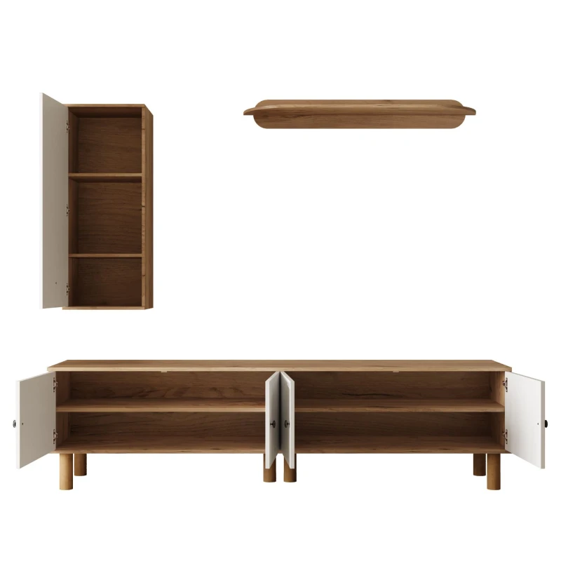 Parete attrezzata 3 pezzi, composta da mobile alto, mobile basso e pannello a parete, Colore naturale