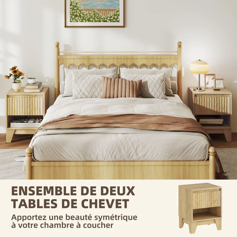 HOMCOM Lot de 2 tables de chevet étroite, table d'appoint compartiment ouvert 1 tiroir, panneaux cannelés 43x40x55cm naturel