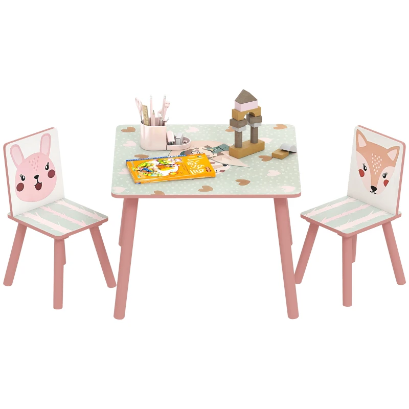 ZONEKIZ Conjunto de Mesa e Cadeiras para Crianças de 3 Peças Mesa Infantil com 2 Cadeiras Conjunto de Móveis para Atividades Rosa