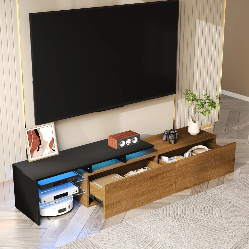 Mobile TV con illuminazione LED, spazio di archiviazione e ripiani in vetro, 170x33x33,5 cm, Nero+Colore naturale