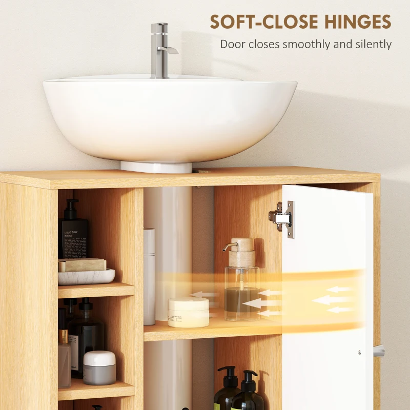 HOMCOM Dulap Sub Chiuvetă cu 2 Uși cu Închidere Lentă și 6 Rafturi Lemn natural