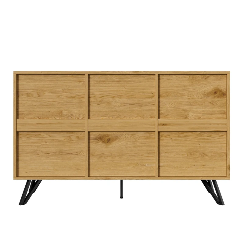 Credenza 3-ante con gambe in metallo, Ampio spazio contenitivo, 140x40x75,5 cm, Colore naturale