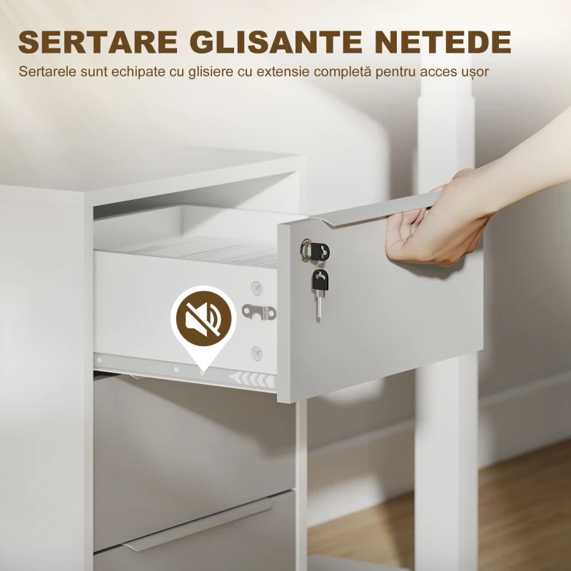 HOMCOM Dulap de Birou cu 3 Sertare cu Chei și 4 Rotile Alb și Gri