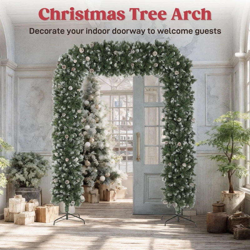 HOMCOM 8.2 ft Snow Frosted Christmas Tree Arch, Christmas Arch Doorway Decor with 1800 Tips and 91 Pinecones, Artificial Xmas Tree with Metal Stand for Indoor, Green