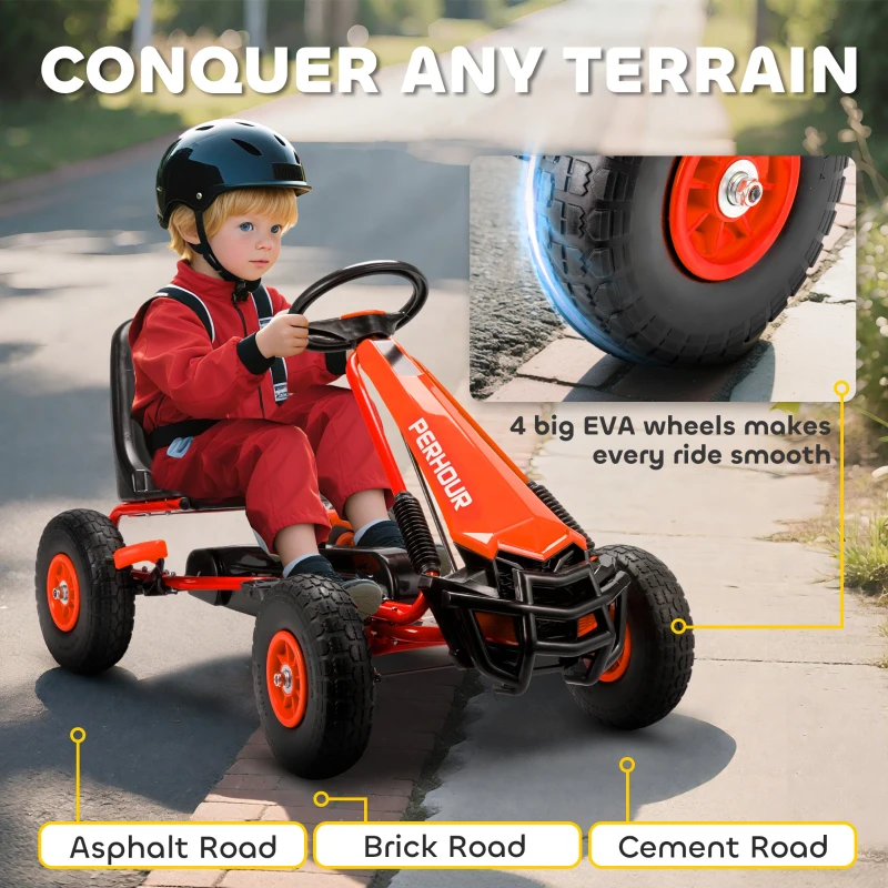 AIYAPLAY Kids Pedal Go Kart with Adjustable Seat, EVA Tyres, Manual Clutch, Brake, Go Kart for Kids 3-8 Years, Red