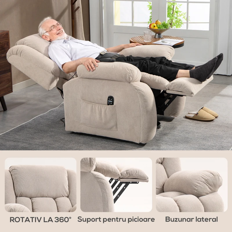 HOMCOM Fotoliu de Ridicare Masajant și Reclinabil cu 2 Buzunare și Telecomandă, 93x104x105 cm, Bej