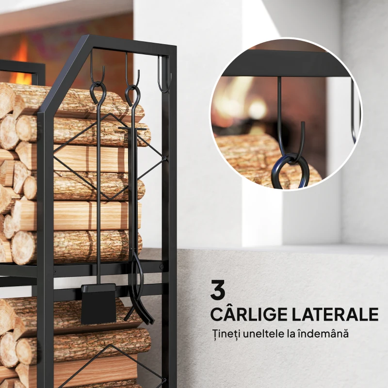 Outsunny Suport de Lemne din Oțel pe 2 Nivele cu 3 Cârlige Laterale 41x30x81cm Negru