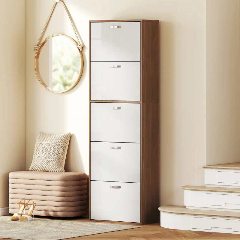 HOMCOM Armoire à Chaussures Meuble à Chaussures Design Contemporain 5 Portes abattantes Bicolore Blanc Marron foncé Imitation Bois(m-8)