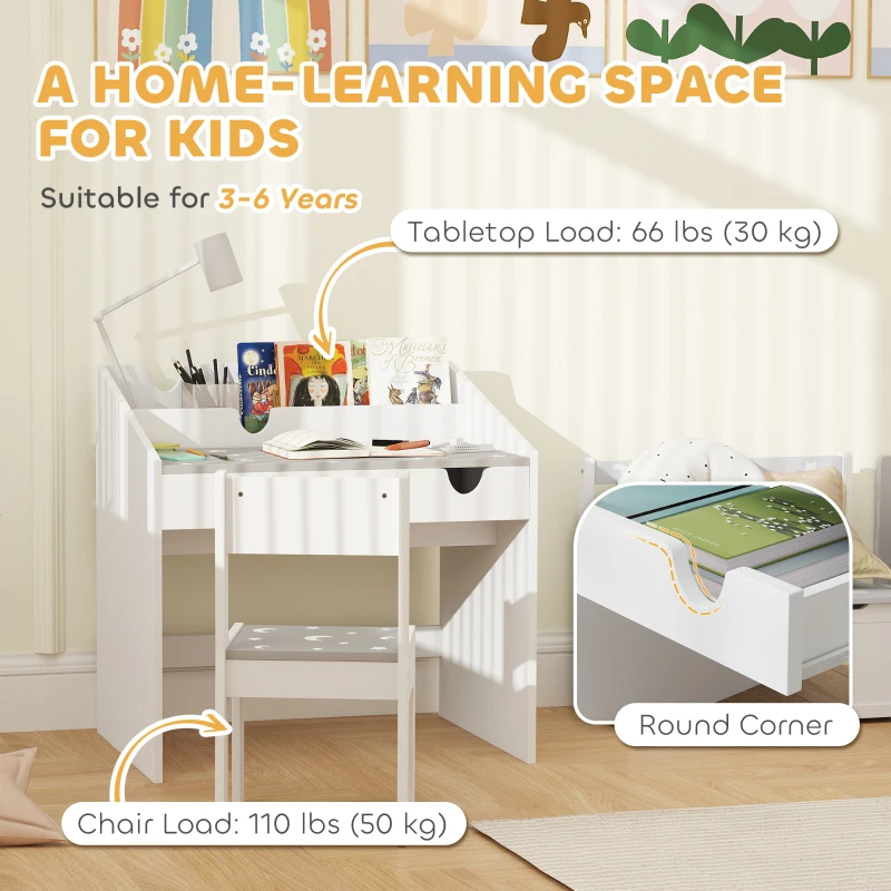 Set AIYAPLAY de Scaun și Masă pentru Copii 3-6 Ani cu Organizator și Sertar Retractabil, din Lemn Gri