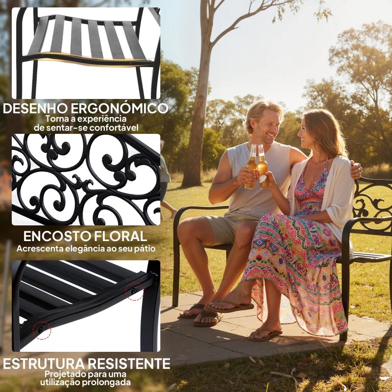 Outsunny Banco de Jardim de Aço Banco de Exterior com Encosto e Apoio para os Braços para Pátio Varanda 127x60x89 cm Preto