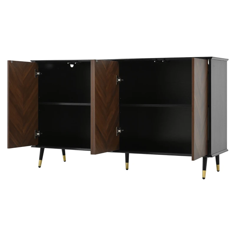 Buffet moderne à motif en chevrons, buffet avec 4 portes, 140x40x80 cm, Noir+Marron