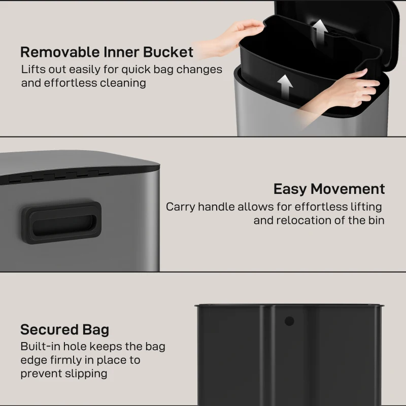 HOMCOM Coș de Gunoi cu Pedală de 50L cu Capac Amortizat, Deschidere la 90° și Găleată Detașabilă, Oțel Inoxidabil, Gri