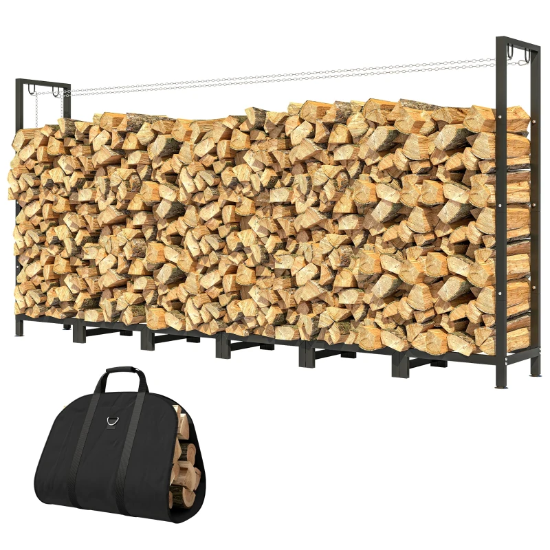 Outsunny Suport de Lemne din Metal 0.8m³ cu Preș Impermeabil și Lanțuri 235x31x116cm