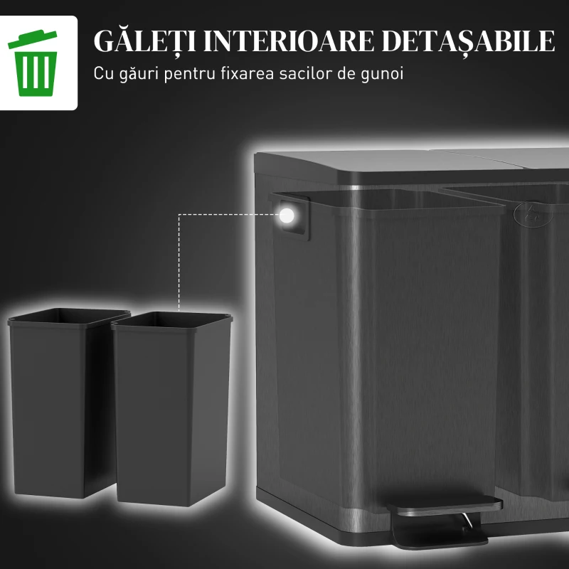 HOMCOM Coș de bucătărie dublu, 2 x 20L, cu pedală, capac cu închidere moale, găleți interioare detașabile, rezistent la amprente, Argintiu