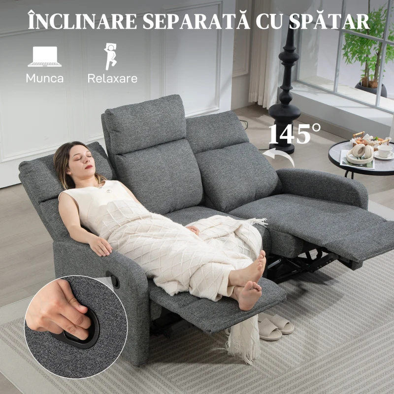 HOMCOM Canapea Reclinabilă cu 3 Locuri cu Tapițerie din Șenilie Gri