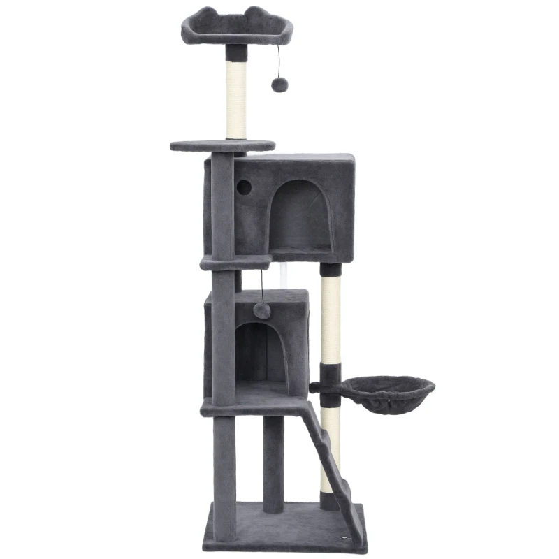 PawHut 160cm Large Cat Tree Tower with Sisal Scratching Posts, Condos, Plush Perches, Hammock, Ladder, Dark Grey