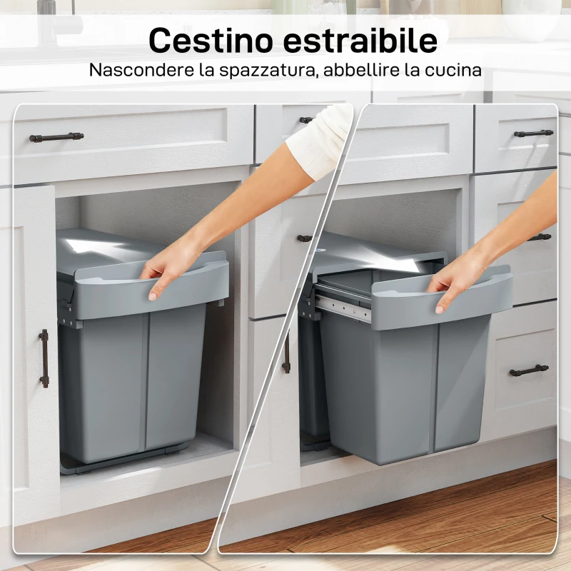 HOMCOM Pattumiera Estraibile Sottolavello per Differenziata con 2 Secchi da 20L, 52x33.5x41 cm, Grigio