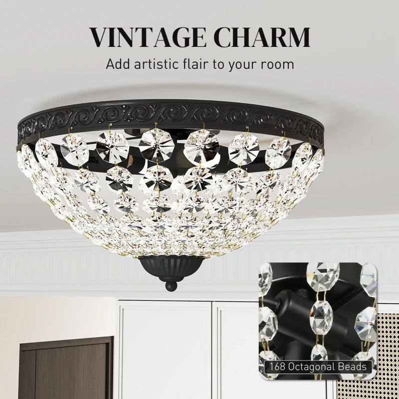 HOMCOM Crystal Chandelier Ceiling Light with 168 Octagonal Beads, Vintage 2-Light Flush Mount Ceiling Light for Living Room, Bedroom, Hallway, Dining Room, Black