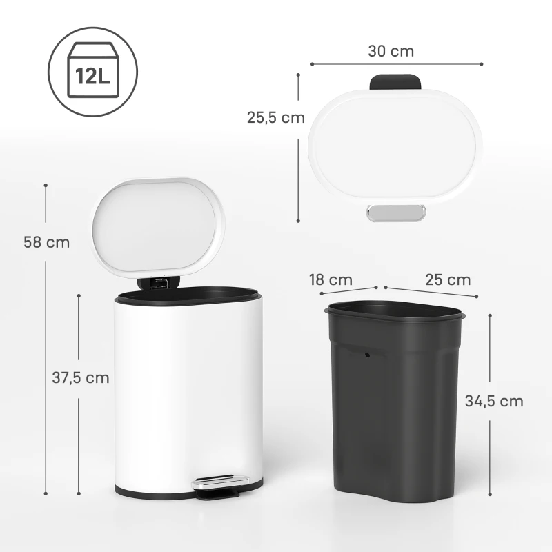 HOMCOM Cubo de basura 12L Pedal contenedor con tapa, pedal, cubeta interior, función Soft-Close, 30 x 25,5 x 37,5 cm, Blanco