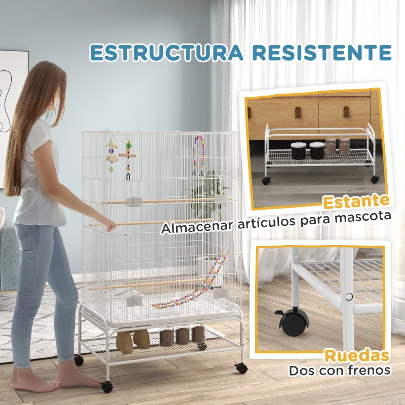 PawHut Jaula para Pájaros con Ruedas Bandeja Extraíble Puertas Comederos Perchas y Estante Inferior 79x49x133 cm Blanco