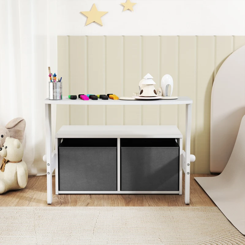 AIYAPLAY 3 in 1 Kids Storage Bench, Convertible Children Table and Chair Set with 2 Fabric Bins, Toy Storage Box, White