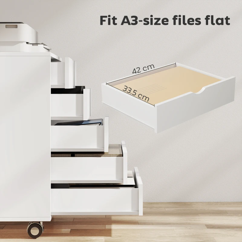 HOMCOM Dulap pentru birou cu 5 sertare pentru documente A3, pe roți și cu încuietoare, 50x40x67.5 cm, alb