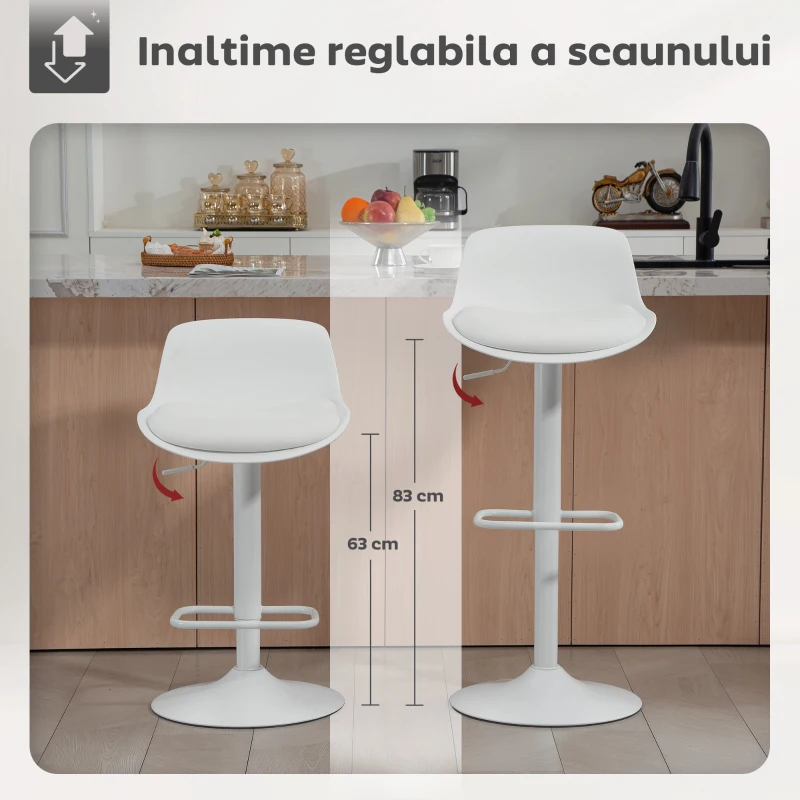 HOMCOM Set de 2 Scaune de Bar Rotative cu Spătar și Înălțime Reglabilă Alb