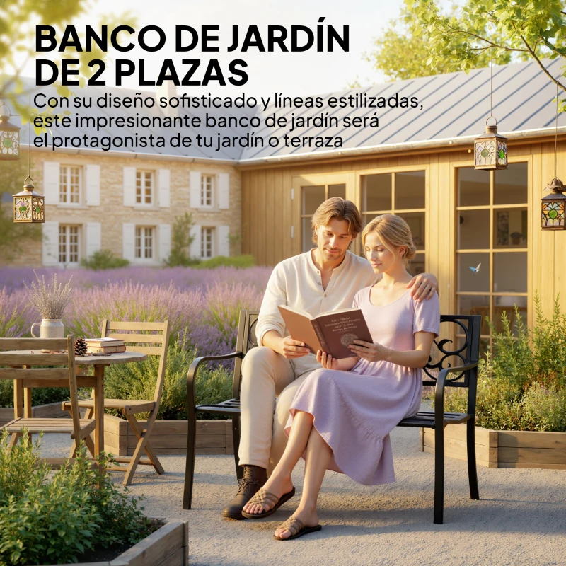 Outsunny Banco Exterior de Jardín Banco de Acero Carga 240 kg para Patio Terraza Balcón 127x60x89 cm Negro