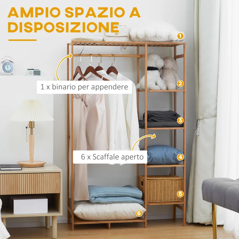 HOMCOM Appendiabiti in Bambù con Scaffale a 6 Livelli e Barra Attaccapanni, 90x30x145 cm, Legno Naturale