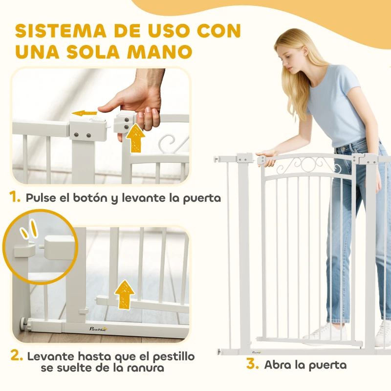 PawHut Puerta para Perros con Ancho Ajustable 76-104 cm Barrera de Seguridad con 2 Extensiones y Doble Bloqueo Blanco