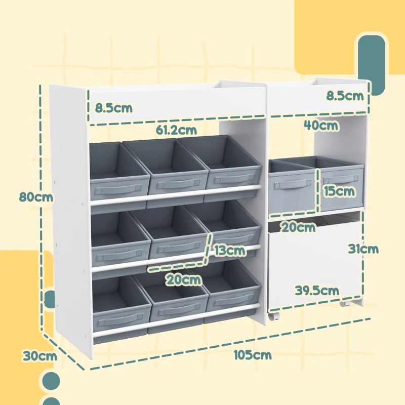 Mobilier AIYAPLAY pentru Jucării pentru Copii cu 11 Coșuri din Țesătură, Dulap și Rafturi, 105x30x80 cm, Alb